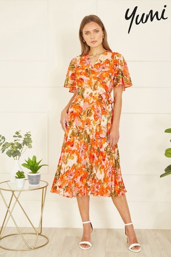 Yumi Orange Floral Midi Wrap Pleated Dress (B04281) | £55
