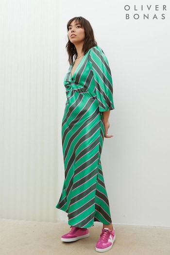 Oliver Bonas Green Diagonal Stripe Twist Midi Dress (B04322) | £80