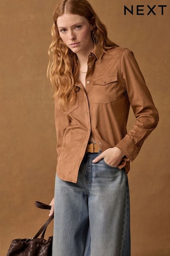 Tan Brown Long Sleeve Faux Suede converse Shirt (B04427) | £38