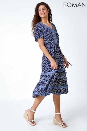 Roman Blue Geometric Floral Border Print Frill Dress (B04585) | £42