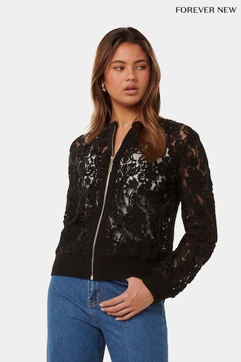 Forever New Black Riley Lace Mixed Knit Bomber Jacket (B05047) | £90