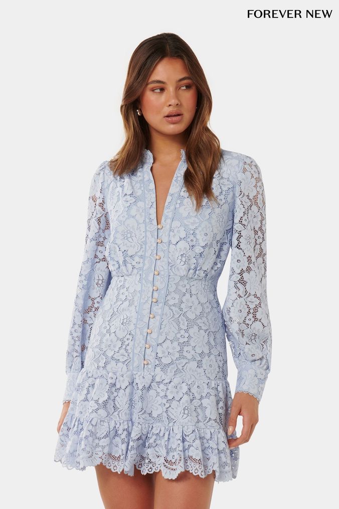 Forever new lace mini spliced dress with fluted sleeve in pink online and white