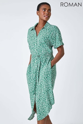 Roman Green Ditsy Floral Print Shirt cord Dress (B05170) | £38