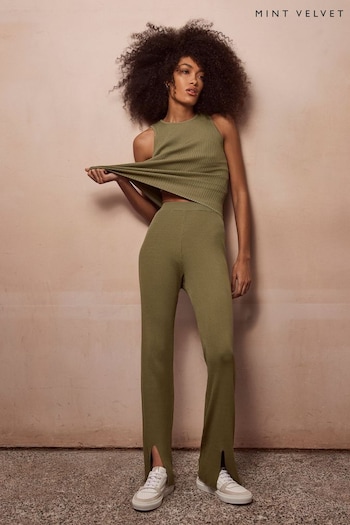 Mint Velvet Green Ribbed Knit Trousers leather (B05652) | £79