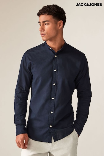JACK & JONES Blue Linen Blend Grandad Collar Long Sleeve Shirt (B05675) | £30