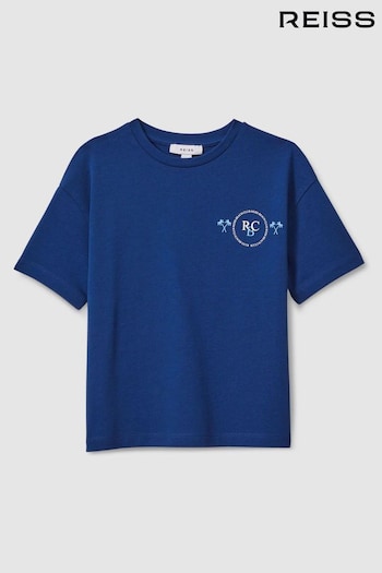 Reiss Lapis Blue Palm Cotton Crew Neck Motif T-Shirt (B05749) | £24