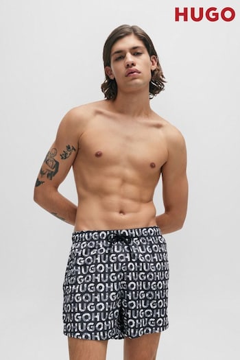 HUGO Recycled-Material Black Swim Shorts With Logo Print (B05763) | £69