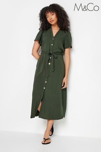 M&Co Green Dark Button Thru Angel Sleeve Dress (B05839) | £34