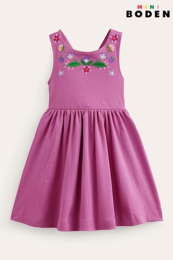 Boden Pink Jersey Embroidered Cross-Back Dress (B05983) | £29 - £34