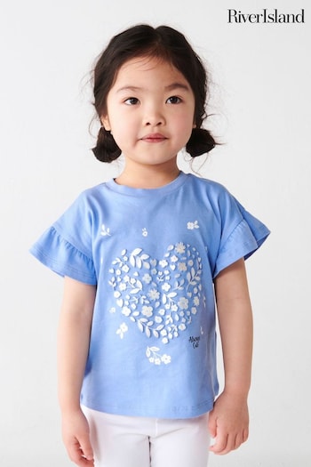 River Island Blue Mini Girls Heart Embossed T-Shirt (B06190) | £10