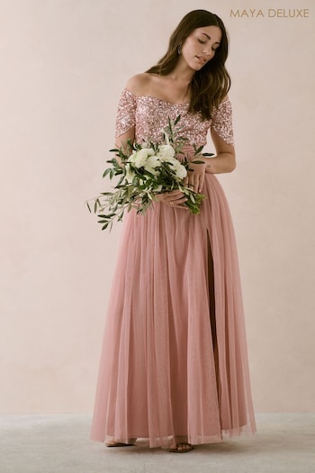 Maya Pink Embellished Sweetheart Bardot Maxi Bridesmaid Dress With Split (B06253) | £105