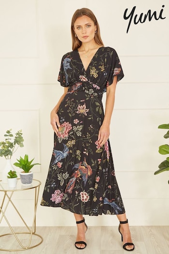 Yumi Black Viscose Bird and Floral Print Kimono Midi Dress Classic (B06274) | £55