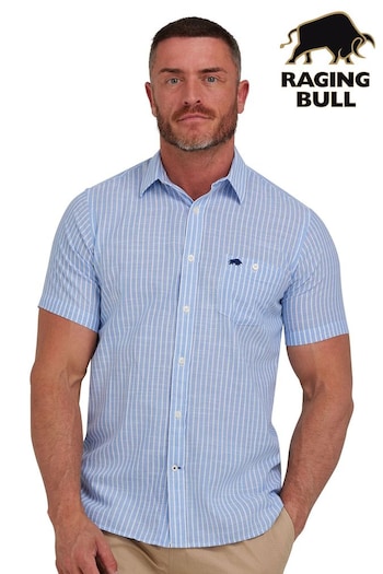 Raging Bull Blue Short Sleeve Fine Stripe Linen Look Shirt (B06286) | £64 - £74