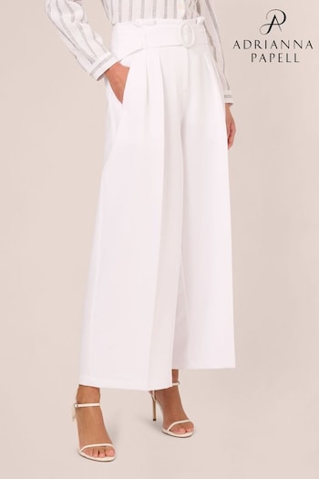 Adrianna Papell Solid Woven White Trousers With Belt (B06348) | £59