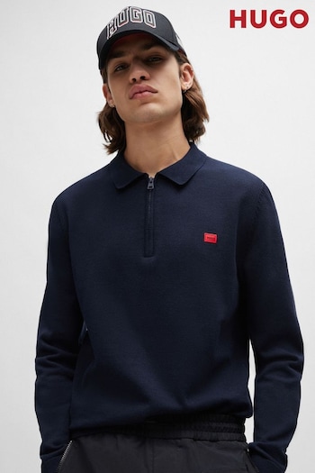 HUGO Blue Zip-Neck Cotton Sweater With Red Logo Label (B06360) | £129