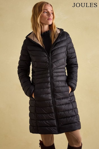 Joules Kenley Black Showerproof Long Padded Coat with Hood (B06365) | £89.95