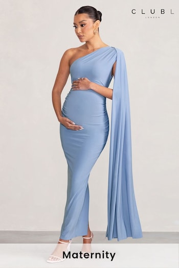 Club L London Blue Maternity Amaryllis One Shoulder Maxi Dress with Cape Sleeve (B06453) | £70