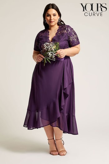 YOURS LONDON Curve Purple Lace Wrap Ruffle Midi Dress (B06478) | £81