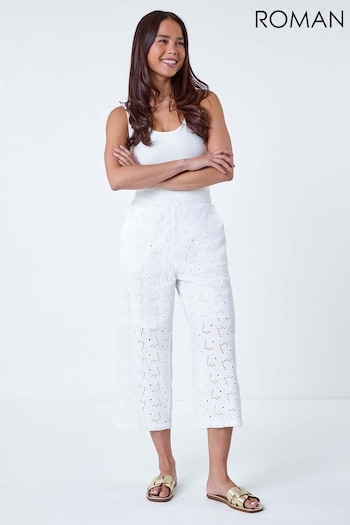 Roman White Cotton Broderie Culottes Trousers (B06507) | £30