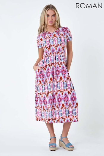 Roman Pink Roman Patterned Print Stretch Pocket Midi Dress (B06538) | £36