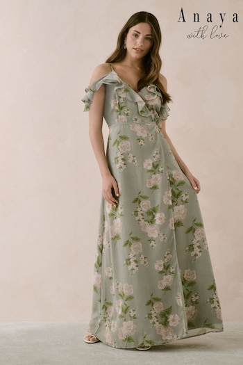 Anaya With Love Green Cold Shoulder Wrap Printed Maxi Bridesmaid Dress (B06570) | £75