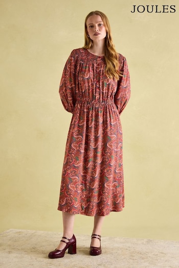 Joules Felicity Red Paisley Smocked Midi Dress (B06678) | £0