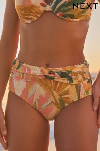 Coral Tropical Print Midi Waist Bikini Bottoms (B06737) | £18