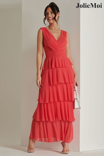 Jolie Moi Red Plain Wrap Bodice Mesh Maxi Dress (B06796) | £79