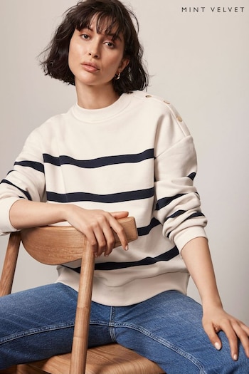 Mint Velvet Cream Neutral Cotton Blend Striped Sweatshirt (B06828) | £79