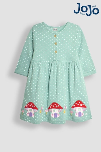 JoJo Maman Bébé Green Fairy & Toadstool Appliqué Button Front Dress (B06969) | £23