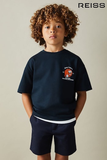 Reiss Washed Navy Nets 9-13 yrs Oversized Cotton Basketball Motif Crew Neck T-Shirt (B07199) | £24