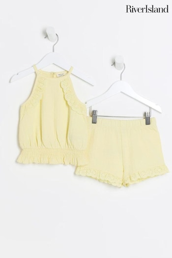 River Island Yellow Girls Broderie Top and Shorts Set (B07245) | £18