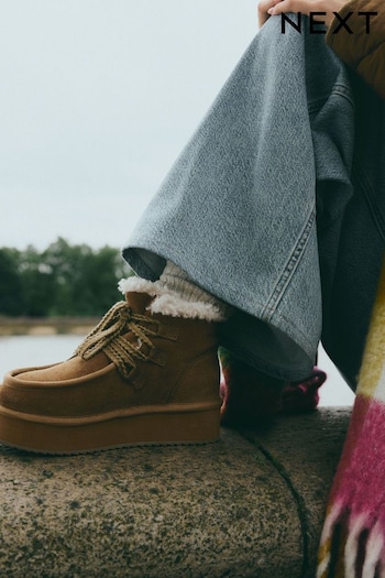 Tan Brown Suede Faux Fur Lined Flatform Lace-Up Boots (B07607) | £55