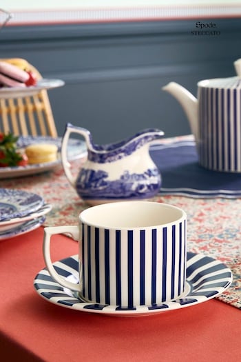 Spode Set of 4 Blue Steccato Teacup & Saucers (B07629) | £124