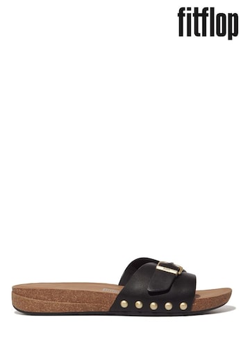 FitFlop iQushion Adjustable Buckle Leather Black Slides (B07730) | £85