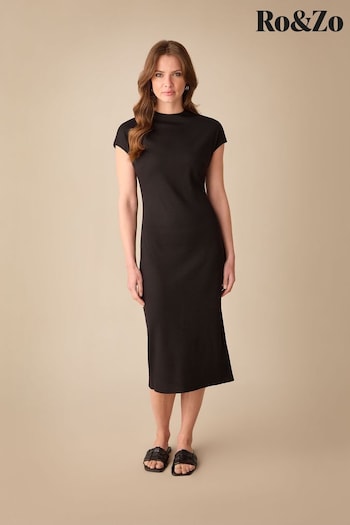 Ro&Zo Petite Rib Knit Midi Black Dress (B07785) | £79