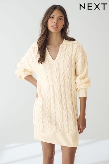 White Ecru Collar V-Neck Long Sleeve Cable Knitted Short Mini Jumper Svarta Dress (B07793) | £42