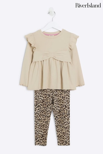 River Island Brown Girls Long Sleeve Bow Rib 100% Cotton Peplum Set (B07850) | £15