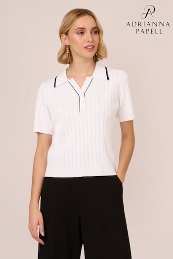 Adrianna Papell Pointelle Short Sleeve Tipped Polo White Sweater (B10061) | £49