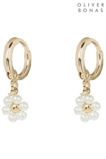 Oliver Bonas Rosa Faux Pearl Flower Drop Huggie White Earrings (B10073) | £12.50