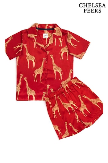 Chelsea Peers Red Kids Satin Red Giraffe Print Short Pyjama Set (B10077) | £35