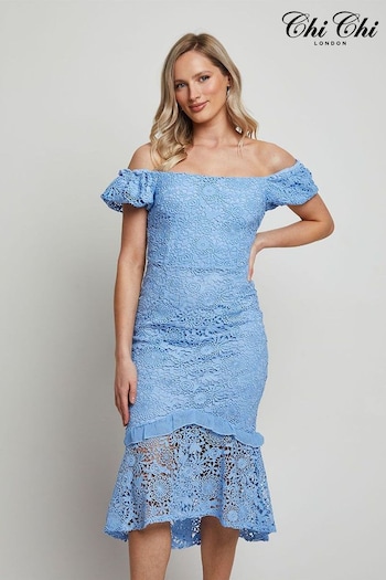 Chi Chi London Blue Bardot Premium Lace Peplum Midi Dress (B10270) | £98