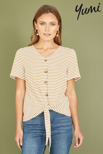 Yumi Brown Striped Jersey Button Detail Top (B10442) | £25