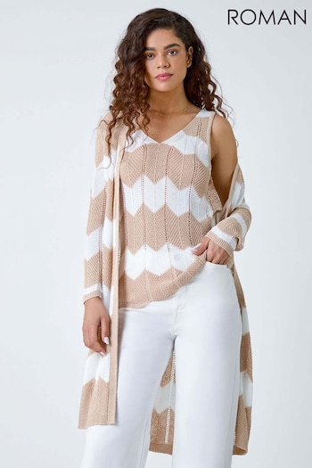 Roman Natural Chevron Stripe Shimmer Longline Cardigan (B10471) | £38