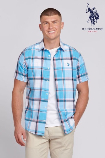 U.S. Polo Assn. Mens Blue Short Sleeve Check Shirt (B10975) | £60