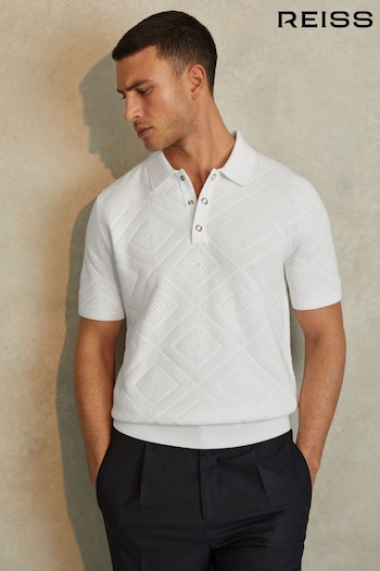 Reiss Optic White Lupton Cotton Textured Press-Stud Polo Shirt (B10976) | £98