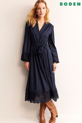 Boden Blue Petite Jen Broderie Cotton Midi Dress (B11151) | £155