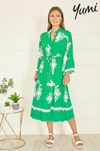 Yumi Green Viscose Midi Dress With Long Sleeves (B11358) | £55