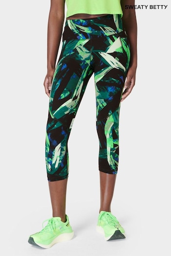 Sweaty Betty Green Areca Palm Print Power Cropped Workout Leggings embroidered (B11510) | £80