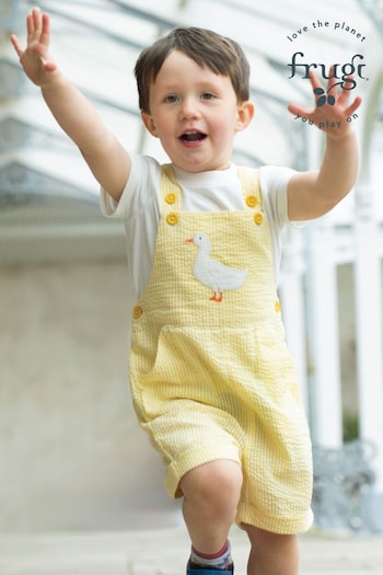 Frugi Yellow Seersucker Easter Duck T-Shirt And Short Dungaree Outfit Set (B11552) | £35